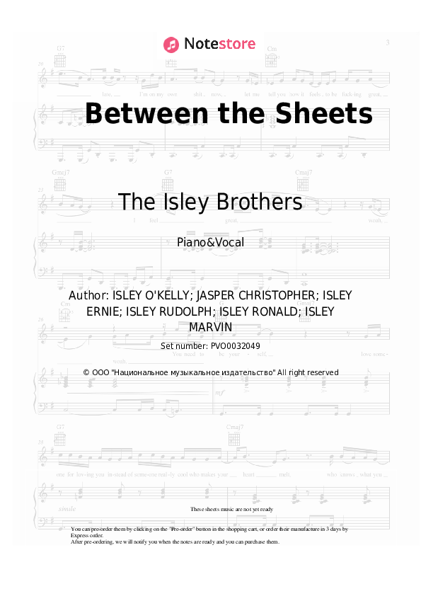 Between the Sheets - The Isley Brothers Piano Sheet Music with the Voice part - Piano&Vocal