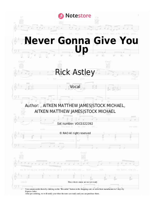Never Gonna Give You Up - Rick Astley Vocal Sheet Music - Vocal