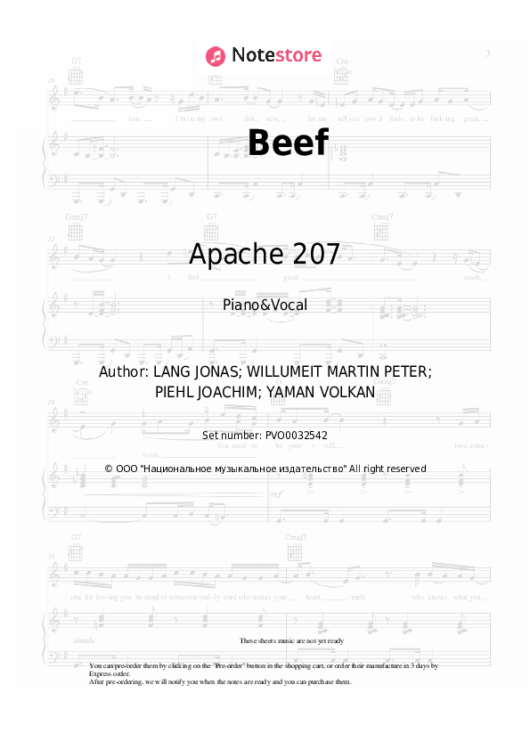 Sheet music with the voice part Apache 207 - Beef - Piano&Vocal