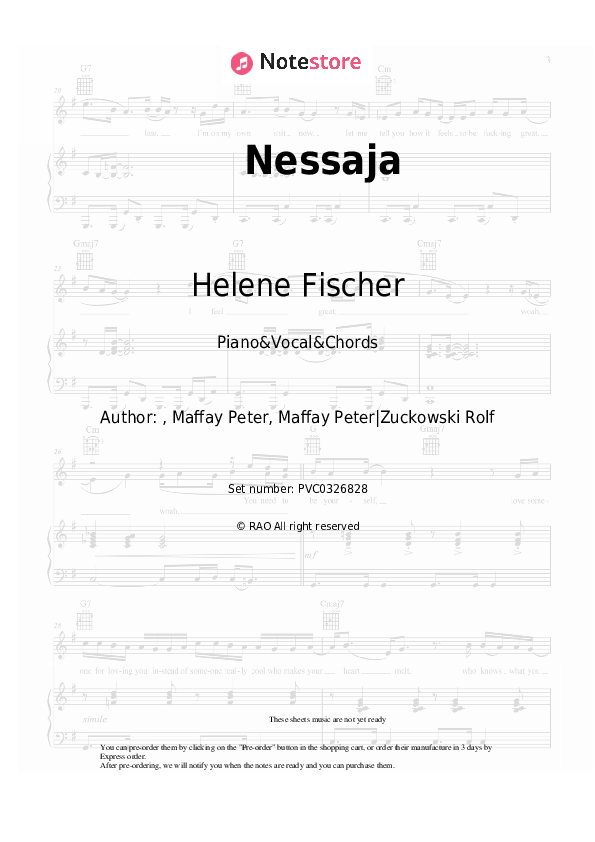 Nessaja - Helene Fischer, Peter Maffay Piano Sheet Music with the Vocal and Chords - Piano&Vocal&Chords