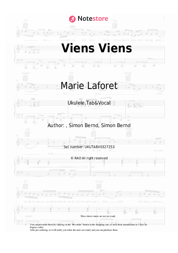 Viens Viens - Marie Laforet Sheet Music - Ukulele.Tab&Vocal