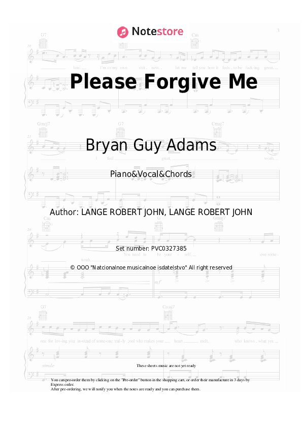 Please Forgive Me - Bryan Guy Adams Piano Sheet Music with the Vocal and Chords - Piano&Vocal&Chords