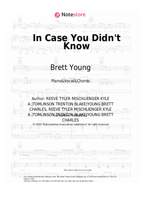In Case You Didn't Know - Brett Young Piano Sheet Music with the Vocal and Chords - Piano&Vocal&Chords