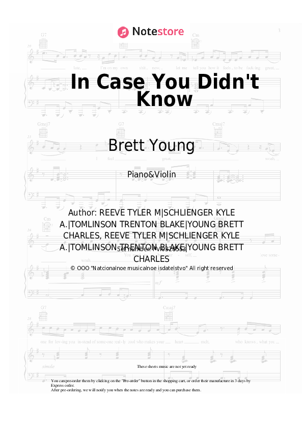 In Case You Didn't Know - Brett Young Piano Sheet Music and Violin - Piano&Violin