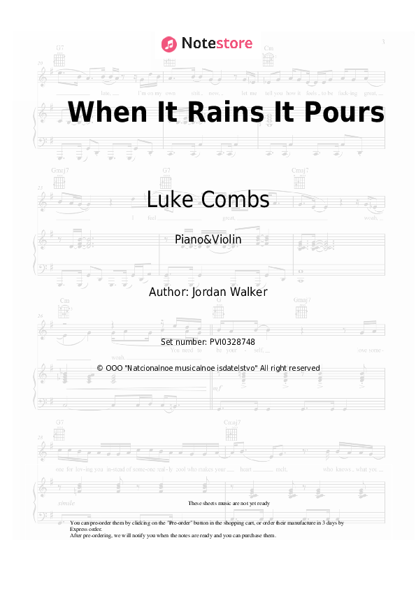 When It Rains It Pours - Luke Combs Piano Sheet Music and Violin - Piano&Violin