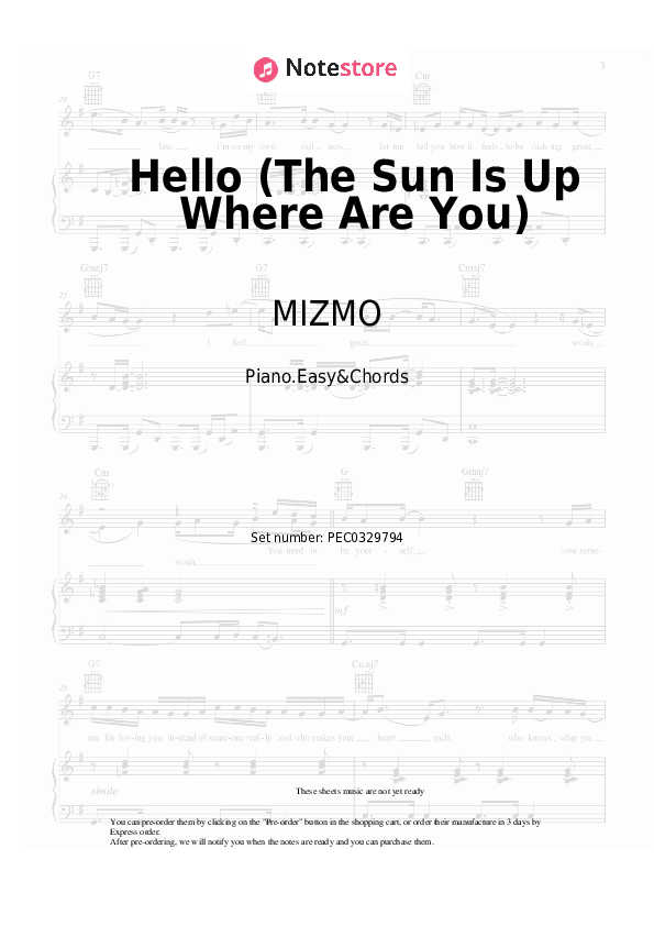 Hello (The Sun Is Up Where Are You) - MIZMO Sheet Music Easy and Chords - Piano.Easy&Chords