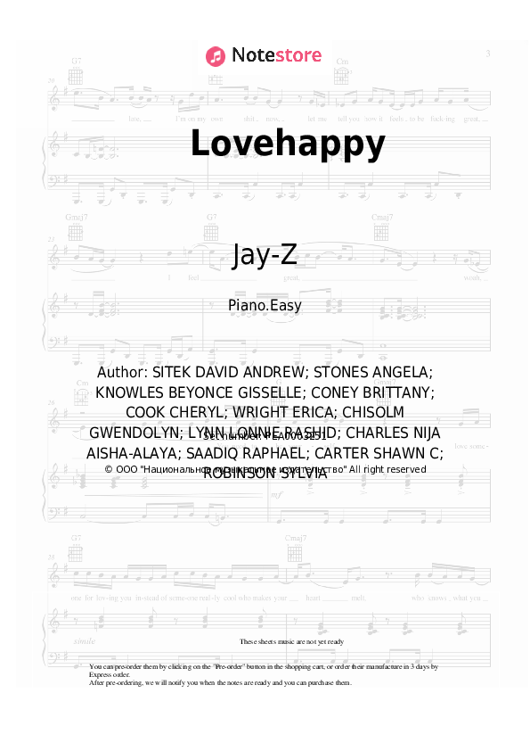 Easy sheet music Beyonce, Jay-Z - Lovehappy - Piano.Easy