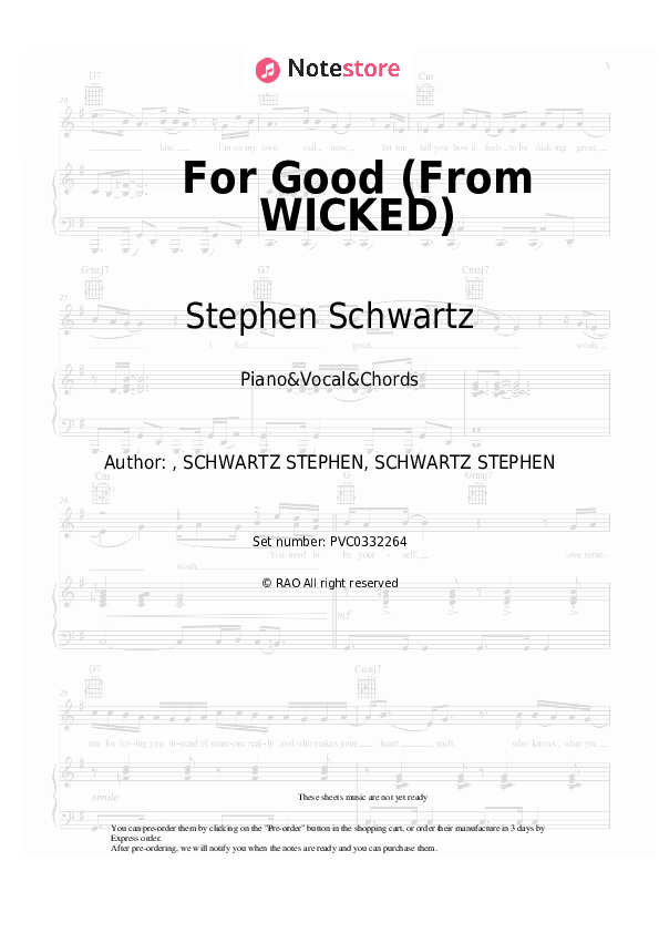 For Good (From WICKED) - Stephen Schwartz, Idina Menzel, Kristin Chenoweth Piano Sheet Music with the Vocal and Chords - Piano&Vocal&Chords