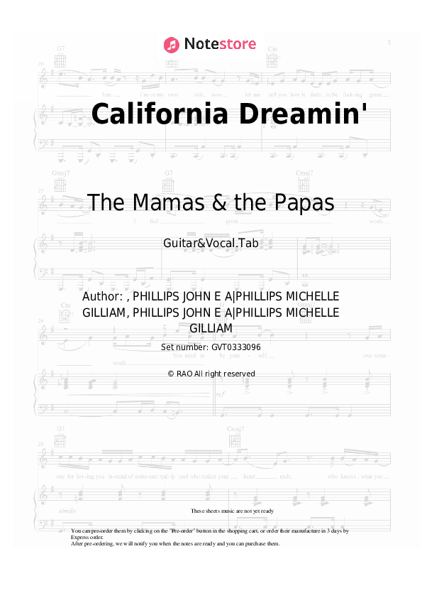 California Dreamin' - The Mamas & the Papas Chords and Voice - Guitar&Vocal.Tab