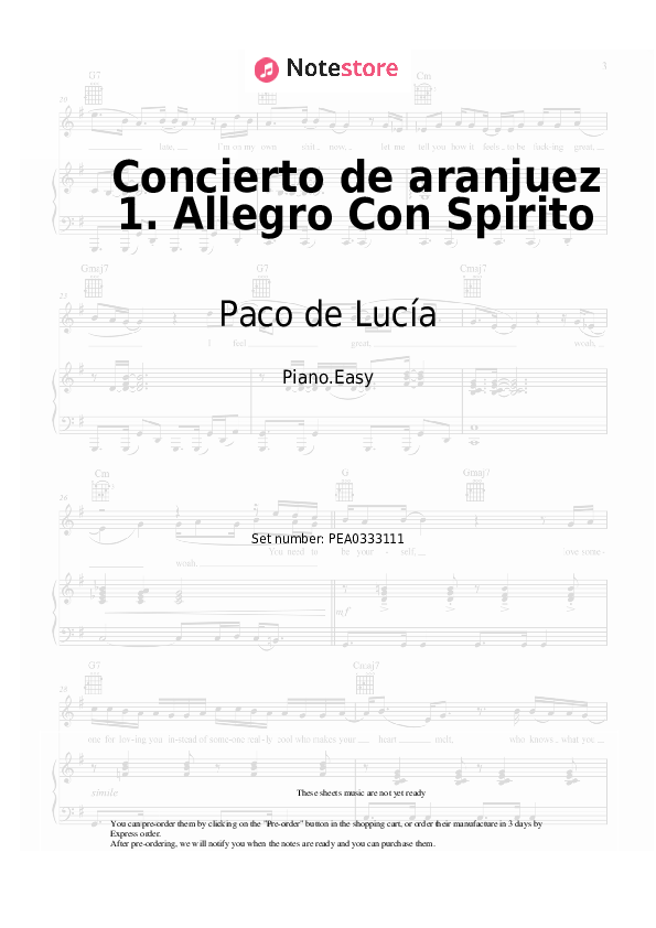 Concierto de aranjuez 1. Allegro Con Spirito - Paco de Lucía Piano Sheet Music Easy - Piano.Easy