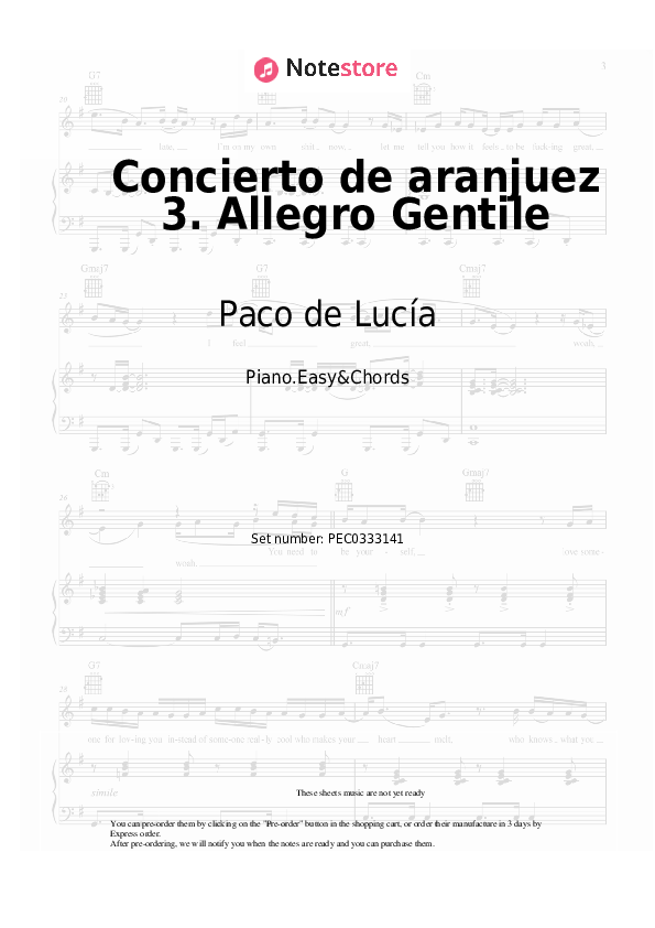 Concierto de aranjuez 3. Allegro Gentile - Paco de Lucía Sheet Music Easy and Chords - Piano.Easy&Chords