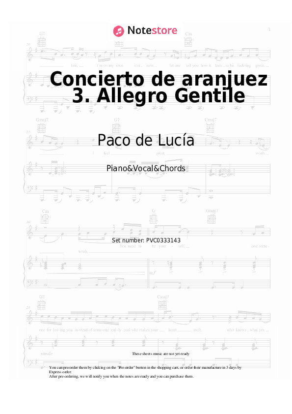 Concierto de aranjuez 3. Allegro Gentile - Paco de Lucía Piano Sheet Music with the Vocal and Chords - Piano&Vocal&Chords