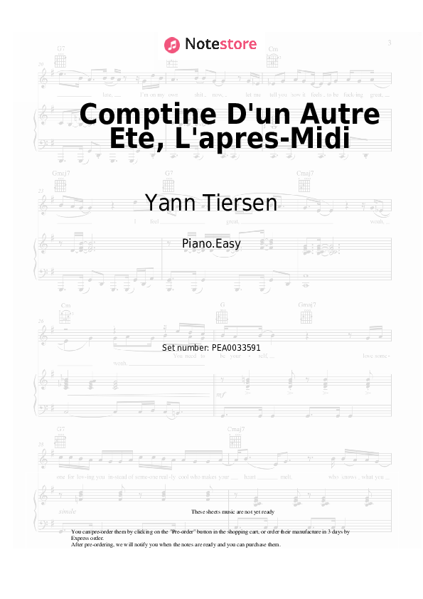 Easy sheet music Yann Tiersen - Comptine D'un Autre Ete, L'apres-Midi - Piano.Easy