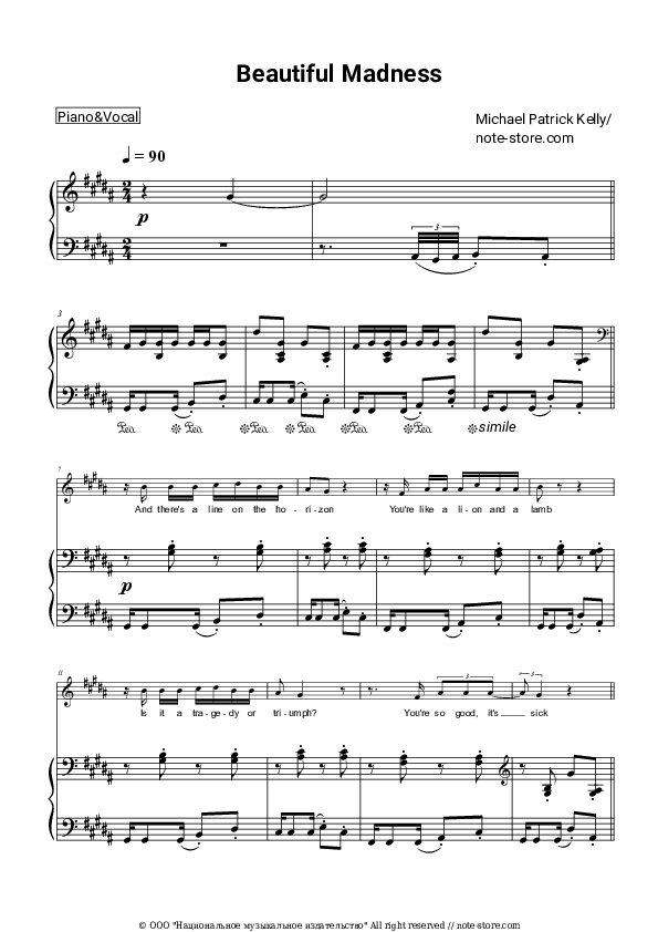 Sheet music with the voice part Michael Patrick Kelly - Beautiful Madness - Piano&Vocal