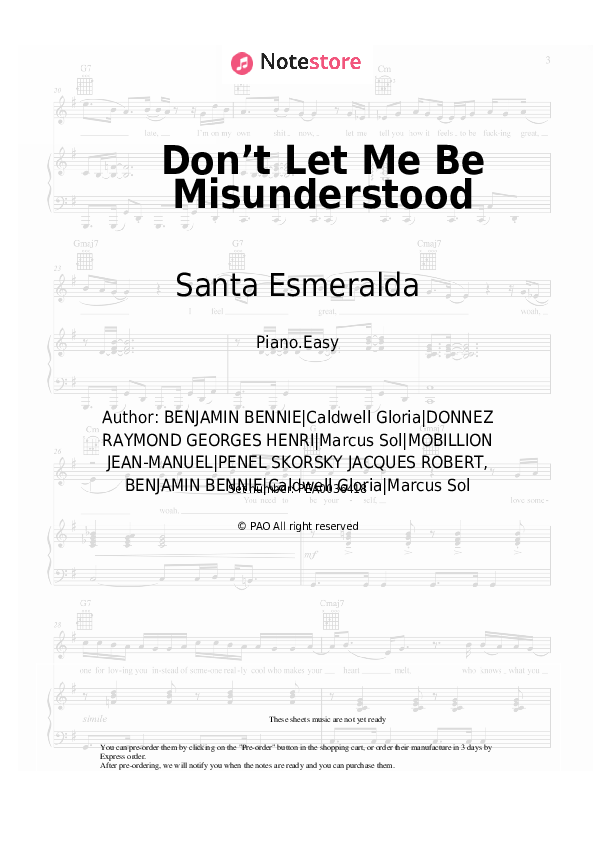 Easy sheet music Santa Esmeralda - Don’t Let Me Be Misunderstood - Piano.Easy