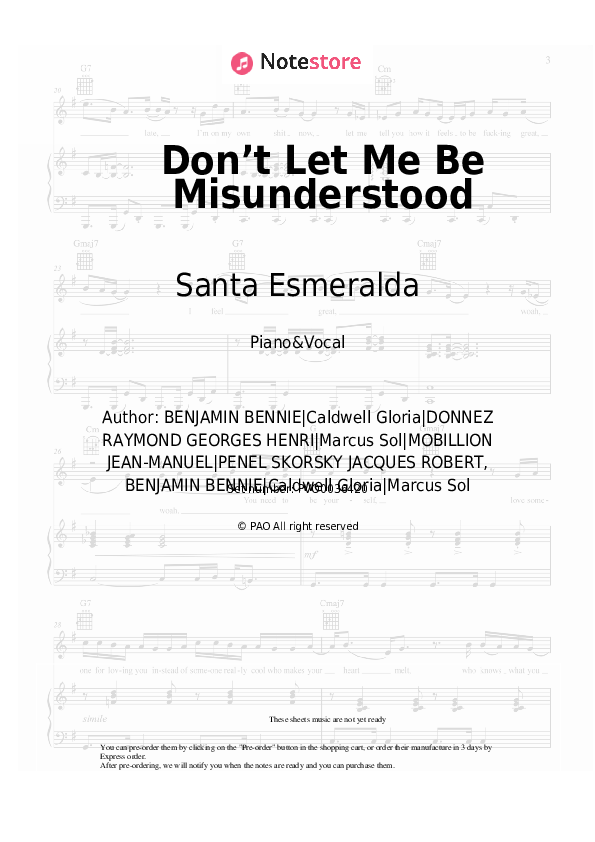 Sheet music with the voice part Santa Esmeralda - Don’t Let Me Be Misunderstood - Piano&Vocal