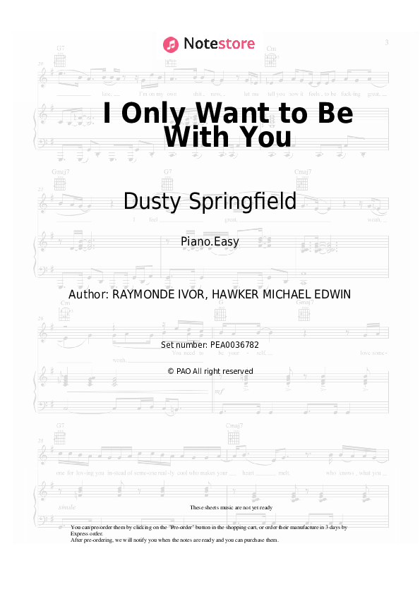 Easy sheet music Dusty Springfield - I Only Want to Be With You - Piano.Easy