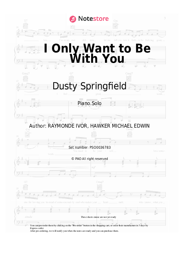 I Only Want to Be With You - Dusty Springfield Piano Sheet Music - Piano.Solo