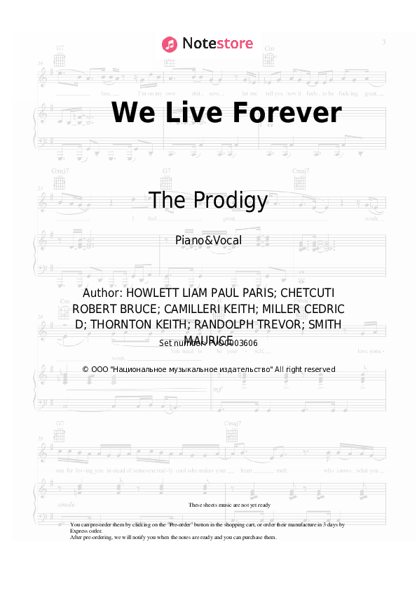 Sheet music with the voice part The Prodigy - We Live Forever - Piano&Vocal
