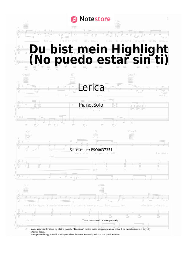 Sheet music Vanessa Mai, Lerica - Du bist mein Highlight (No puedo estar sin ti) - Piano.Solo