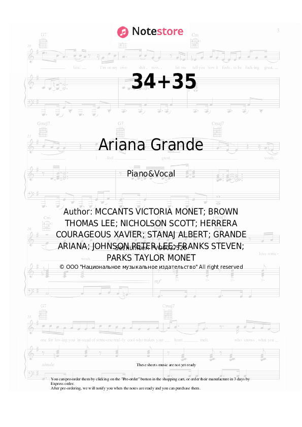 34+35 - Ariana Grande Piano Sheet Music with the Voice part - Piano&Vocal