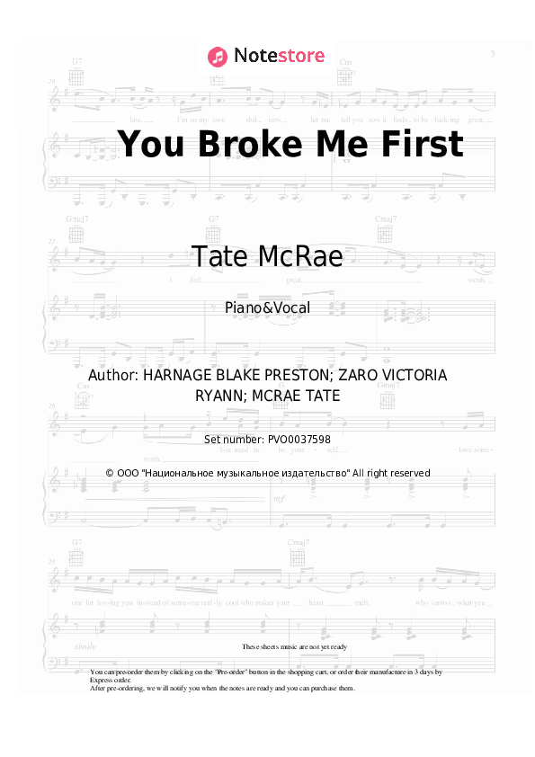 Sheet music with the voice part Tate McRae - You Broke Me First - Piano&Vocal