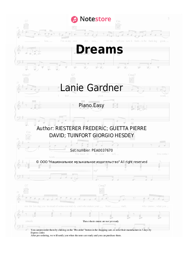 Easy sheet music David Guetta, MORTEN, Lanie Gardner - Dreams - Piano.Easy