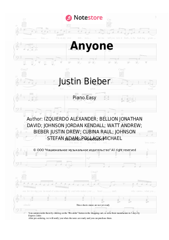 Easy sheet music Justin Bieber - Anyone - Piano.Easy