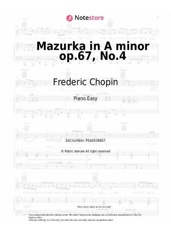 Easy sheet music Frederic Chopin - Mazurka in A minor op.67, No.4 - Piano.Easy