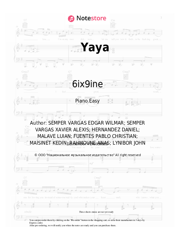 Yaya - 6ix9ine Piano Sheet Music Easy - Piano.Easy