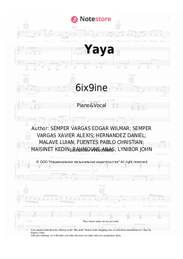 Sheet music with the voice part 6ix9ine - Yaya - Piano&Vocal