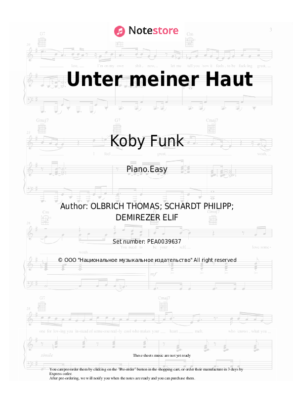 Easy sheet music Gestort aber GeiL, Wincent Weiss, Koby Funk - Unter meiner Haut - Piano.Easy