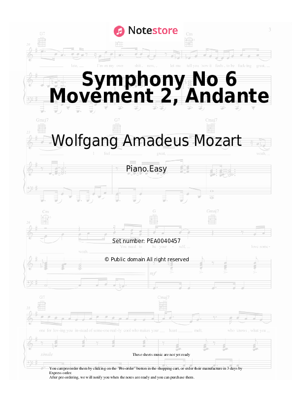 Easy sheet music Wolfgang Amadeus Mozart - Symphony No 6 Movement 2, Andante - Piano.Easy