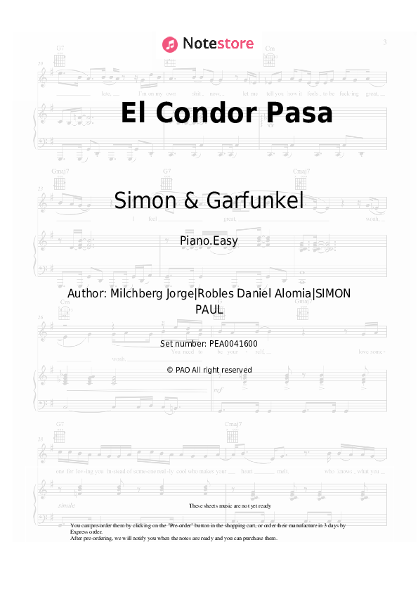 Easy sheet music Simon & Garfunkel - El Condor Pasa - Piano.Easy