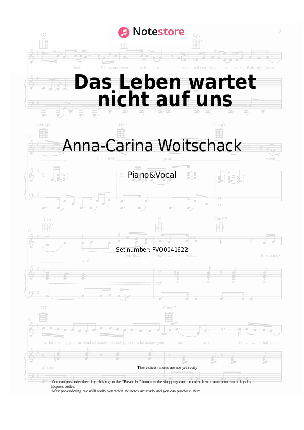 Das Leben wartet nicht auf uns - Anna-Carina Woitschack Piano Sheet Music with the Voice part - Piano&Vocal