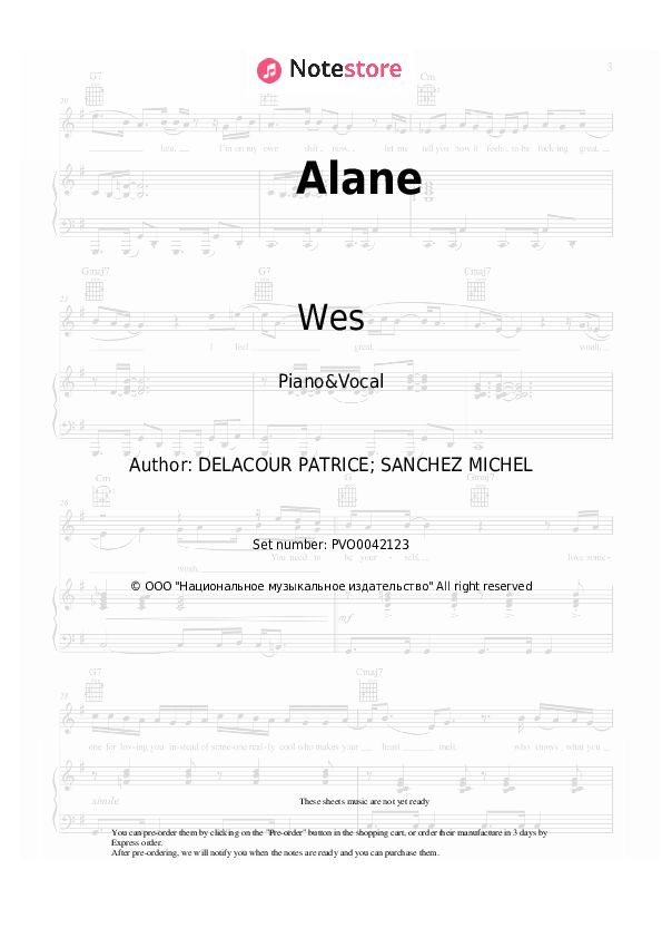 Sheet music with the voice part Robin Schulz, Wes - Alane - Piano&Vocal