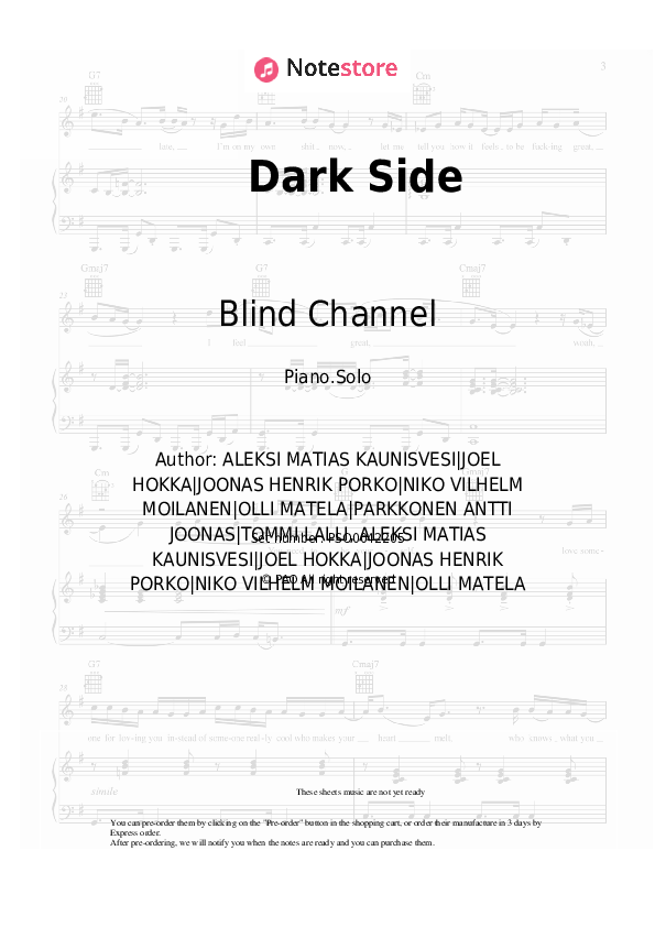 Sheet music Blind Channel - Dark Side - Piano.Solo