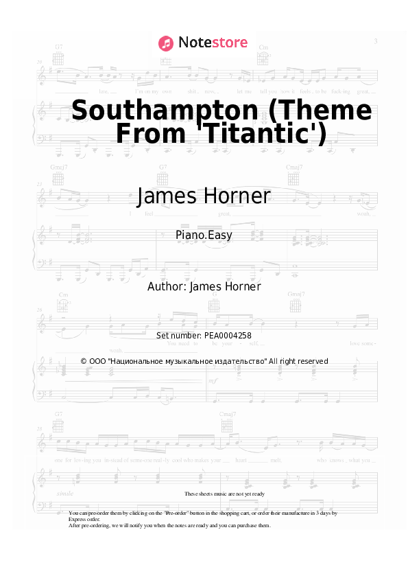 Southampton (Theme From 'Titantic') - James Horner Piano Sheet Music Easy - Piano.Easy