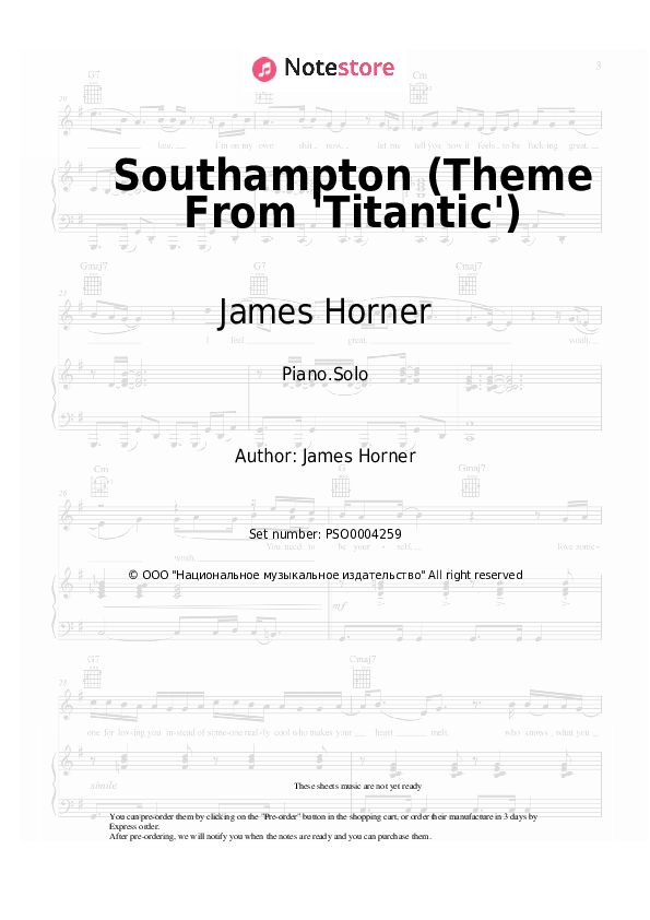 James Horner - Southampton (Theme From 'Titantic') piano sheet music