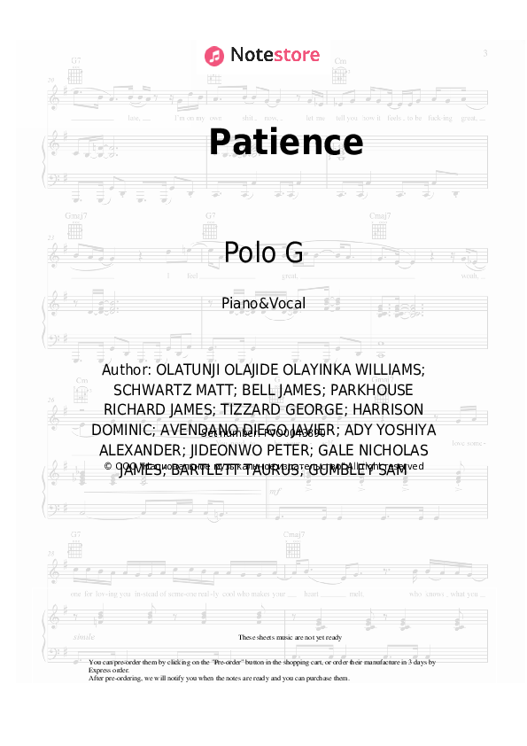 Sheet music with the voice part KSI, Yungblud, Polo G - Patience - Piano&Vocal