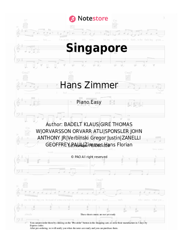 Easy sheet music Hans Zimmer - Singapore - Piano.Easy