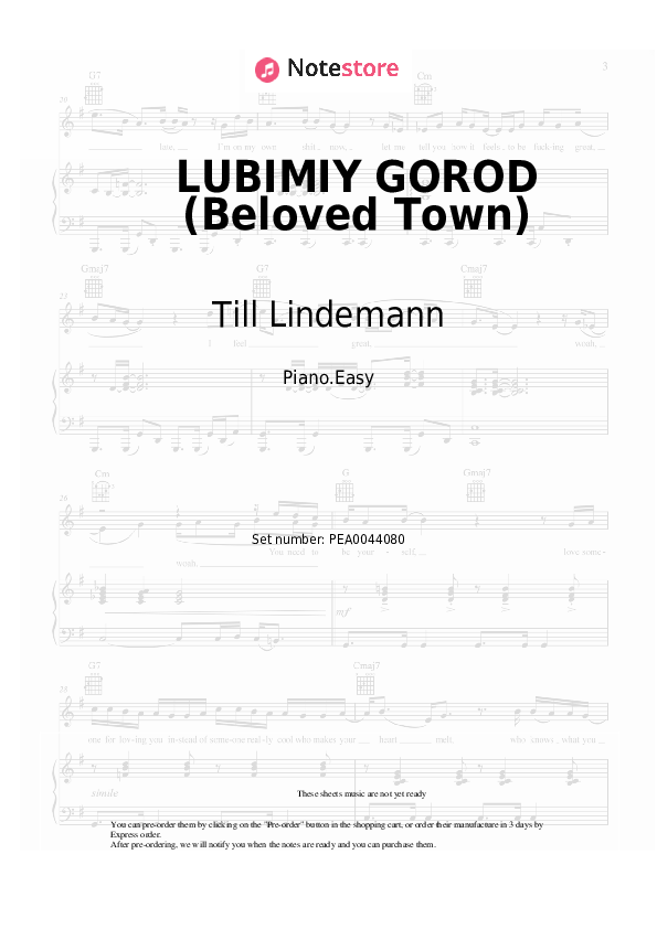 Easy sheet music Till Lindemann - LUBIMIY GOROD (Beloved Town) - Piano.Easy