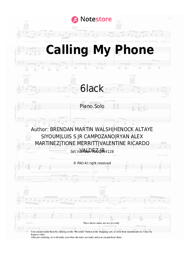 Calling My Phone - Lil Tjay, 6lack Piano Sheet Music - Piano.Solo