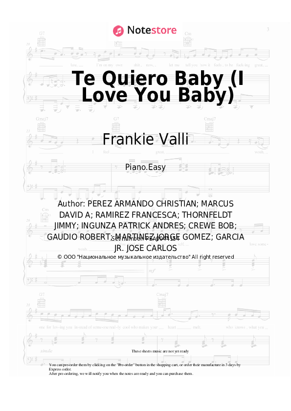 Te Quiero Baby (I Love You Baby) - Chesca, Pitbull, Frankie Valli Piano Sheet Music Easy - Piano.Easy