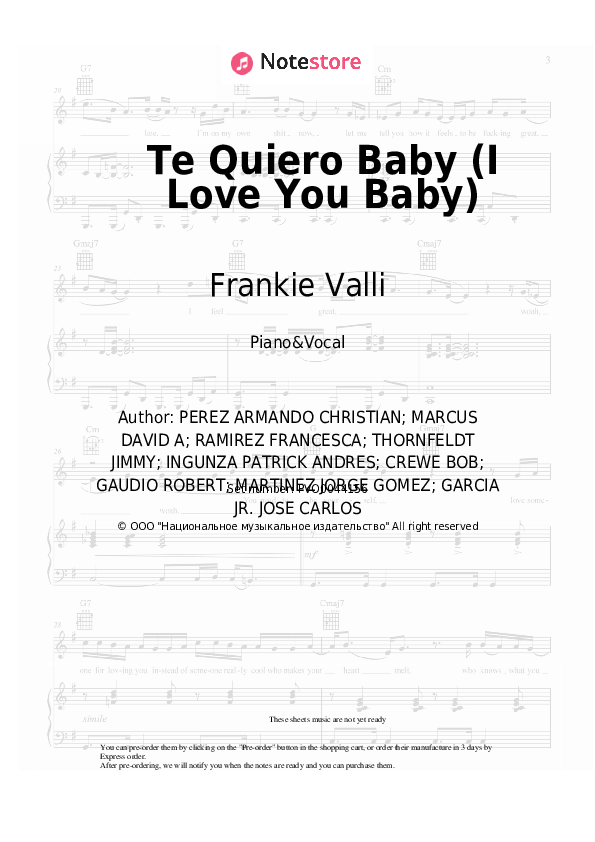 Sheet music with the voice part Chesca, Pitbull, Frankie Valli - Te Quiero Baby (I Love You Baby) - Piano&Vocal