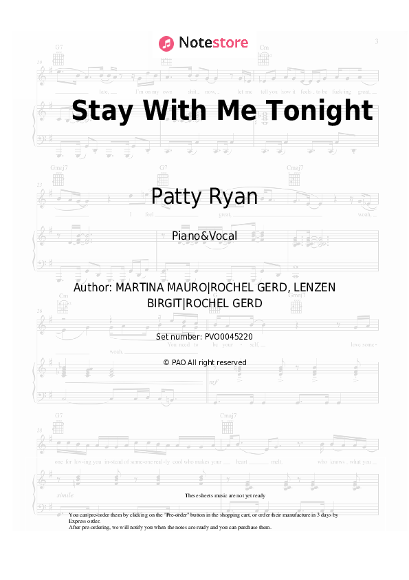Sheet music with the voice part Patty Ryan - Stay With Me Tonight - Piano&Vocal
