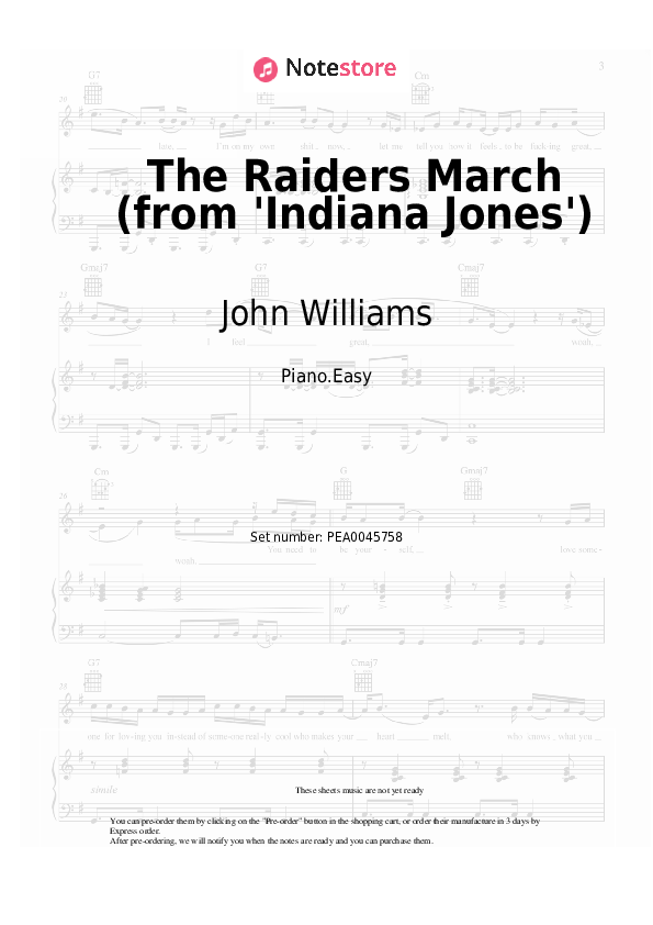 Easy sheet music John Williams - The Raiders March (from 'Indiana Jones') - Piano.Easy
