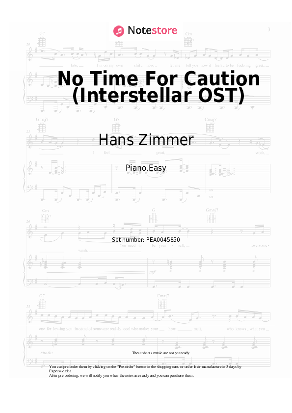 Easy sheet music Hans Zimmer - No Time For Caution (Interstellar OST) - Piano.Easy