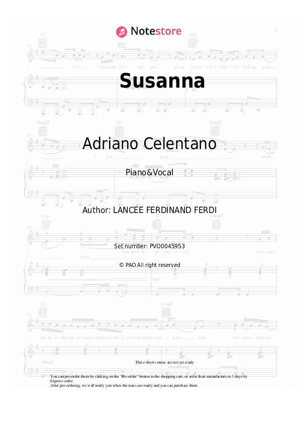 Sheet music with the voice part Adriano Celentano - Susanna - Piano&Vocal