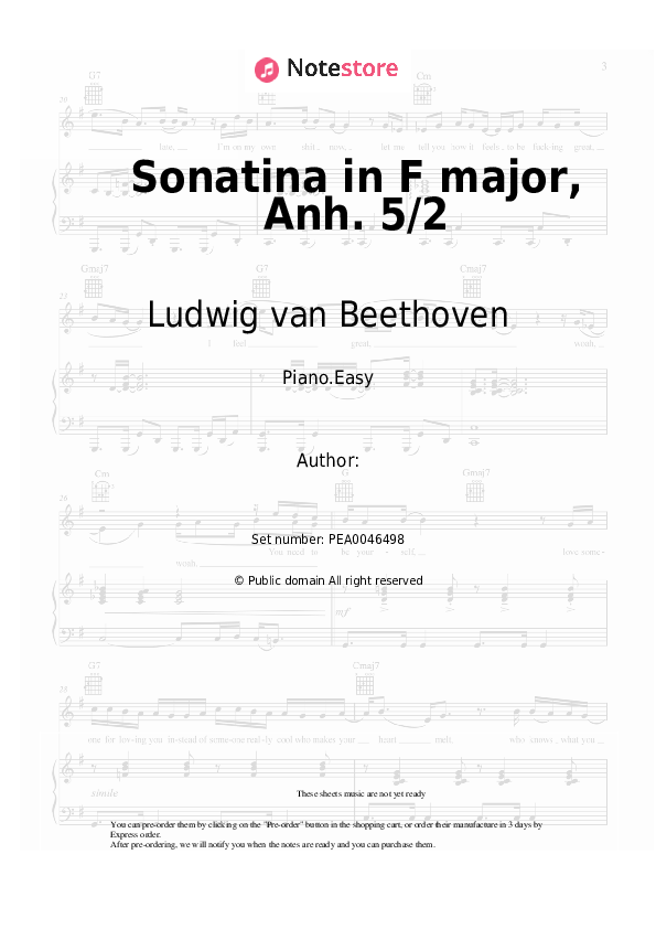 Easy sheet music Ludwig van Beethoven - Sonatina in F major, Anh. 5/2 - Piano.Easy